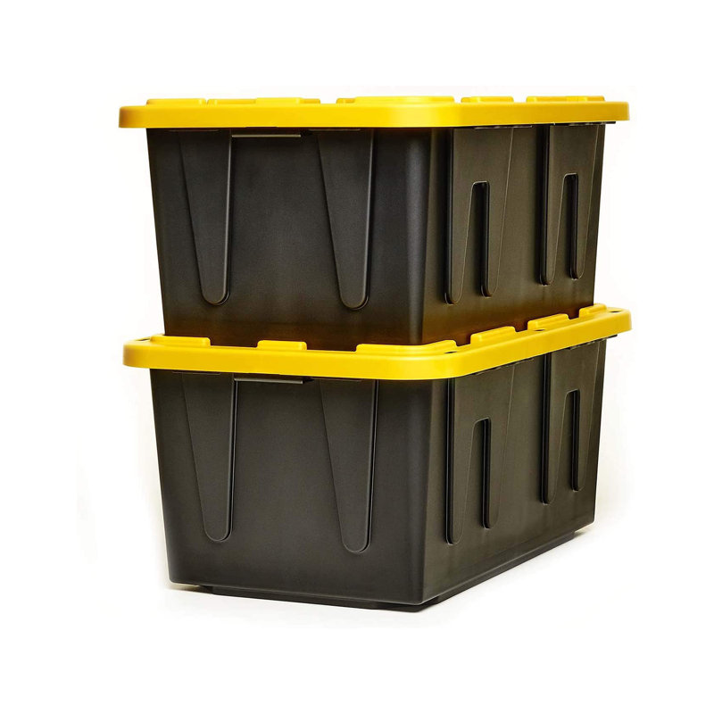 Heavy Duty Black and Yellow Stackable Storage Tote with Lid, 27 Gallon