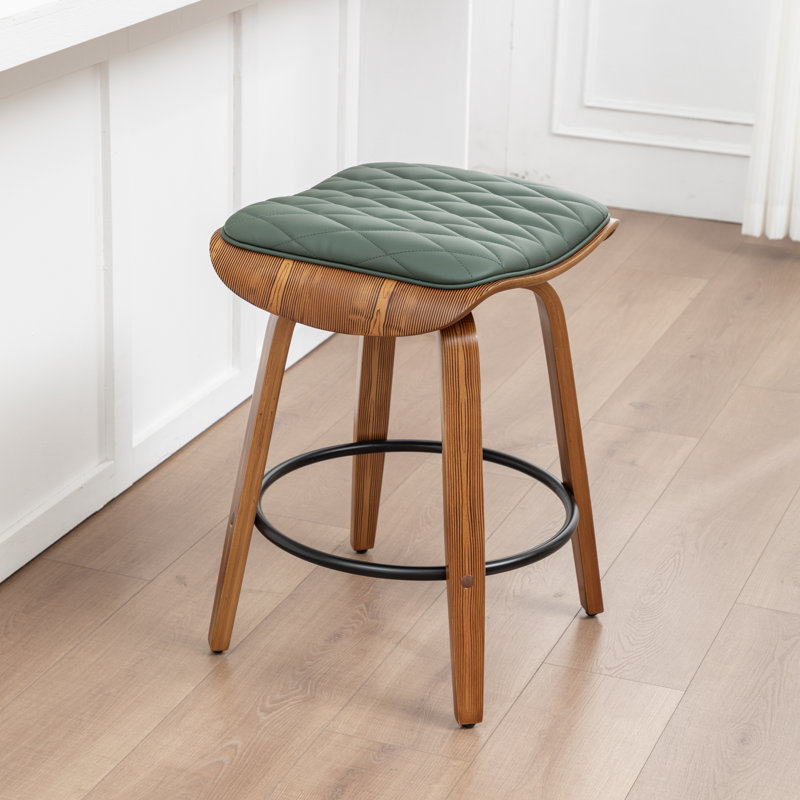 Deering Modern Upholstered Faux Leather 360° Swivel Stool with Curved Wood Legs, Green