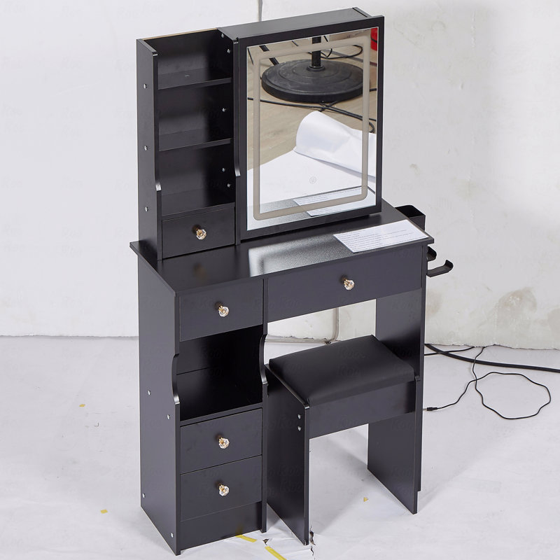 29.2" Small Size Left Drawer Desktop Vanity Table + Cushioned Stool, 2 Ac+2 Usb Power Station, Hair Dryer Bracket, Extra Large Touch Control Sliding Led Mirror, Brightness Adjust