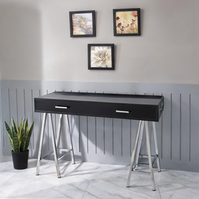 Bureau d'écriture rectangulaire avec 2 tiroirs, élégant noir ultrabrillant et base en bois de chevalet, d'une largeur de 54 pouces, idéal pour le bureau à domicile