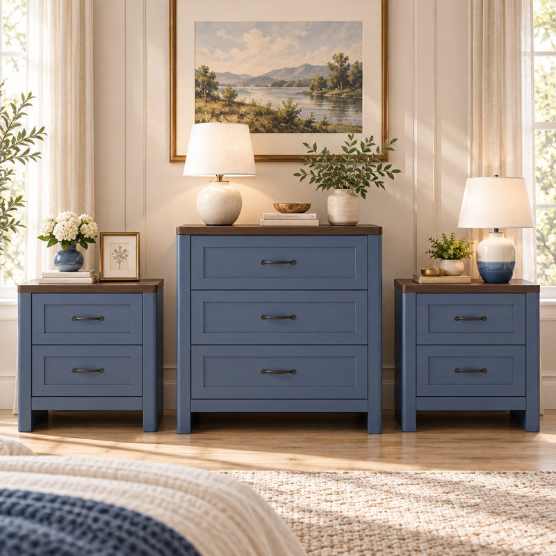 Ensemble de chambre à coucher 2 pièces avec commode et table de chevet, ensemble de rangement en bois d'ingénierie bleu