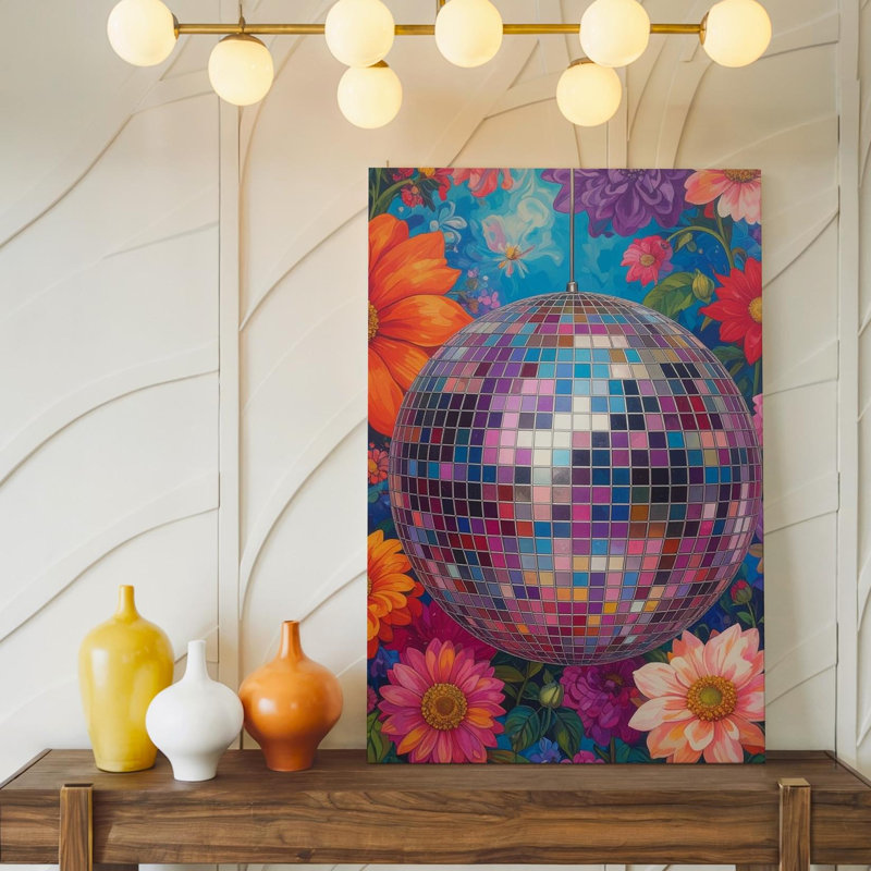 Wall Art Groovy Disco Ball Canvaspsychedelic 70S Art floral et réfléchissant, toile prête à accrocher, H 9 po x l 12 po
