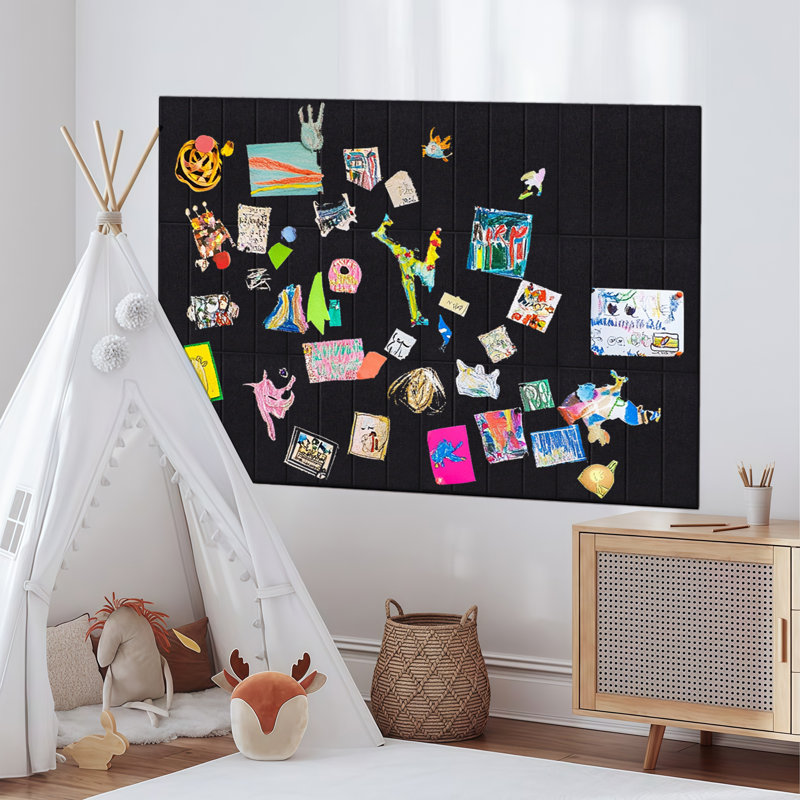 Textured Felt Wall Panels With Stripes, Bulletin Boards, 12-Piece Set, With Pushpins, Black