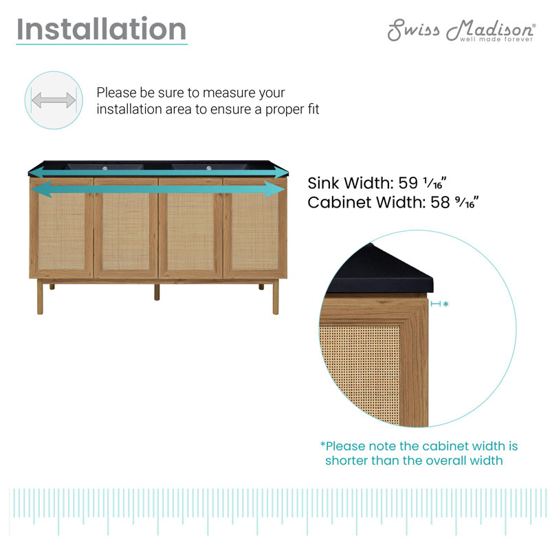 Classe 60" Bathroom Vanity in Oak, 3, Black