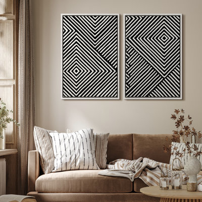 3D Illusion Effect Black And White Geometric Modern Pictures Framed Canvas 2 Pieces Print Wall Art