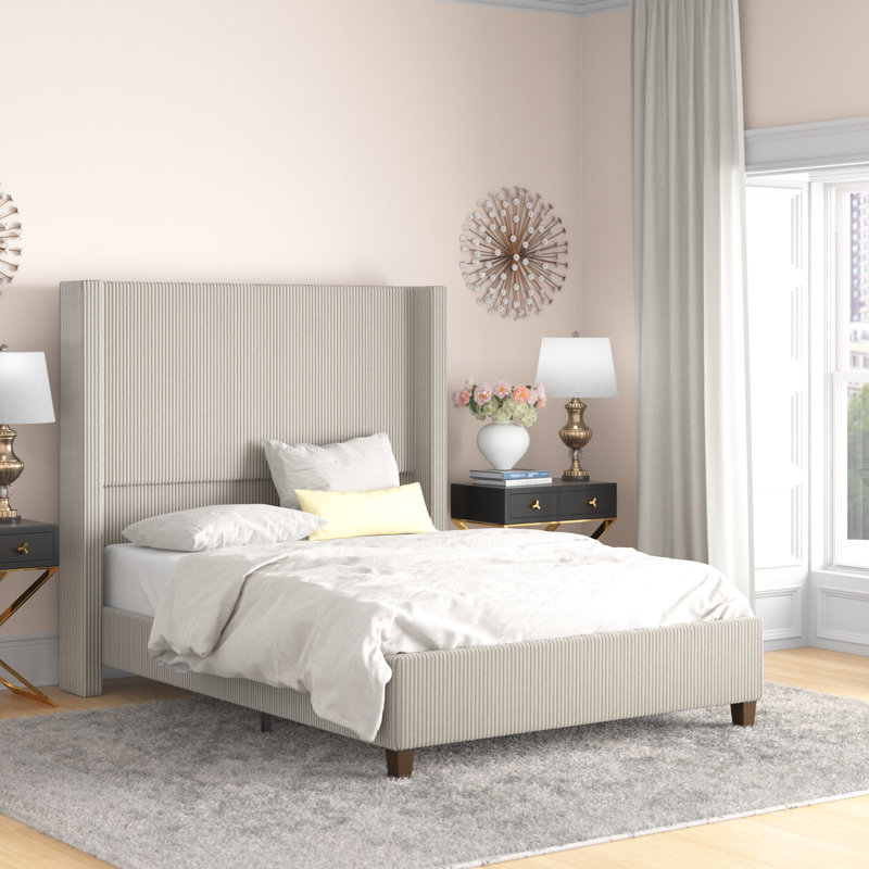 Cream Queen Corduroy Upholstered Bed with Wingback Headboard