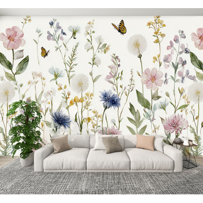 Peel and Stick Wallpaper Watercolor floral greenery wildflowers herbs green leaves field Wall Murals 100"H x 144"W Removable PVC Wall Paper Self-Adhesive Wall Paintings Art Decor for Bedroom Living Room
