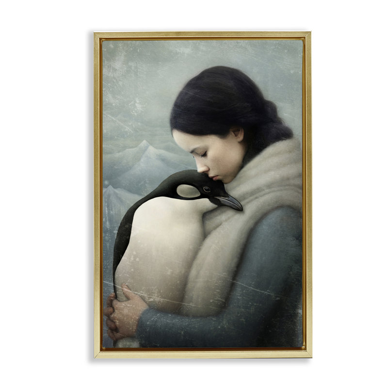 «Girl and Her Penguin», toile flottante encadrée par Paula Belle Flores, Cadre flottant métallique doré, H 25 po x l 17 po