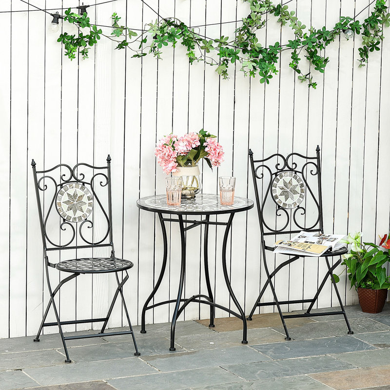 Castelli 3 Pcs Mosaic Tile Garden Bistro Set, Table, 2 Folding Chairs Grey