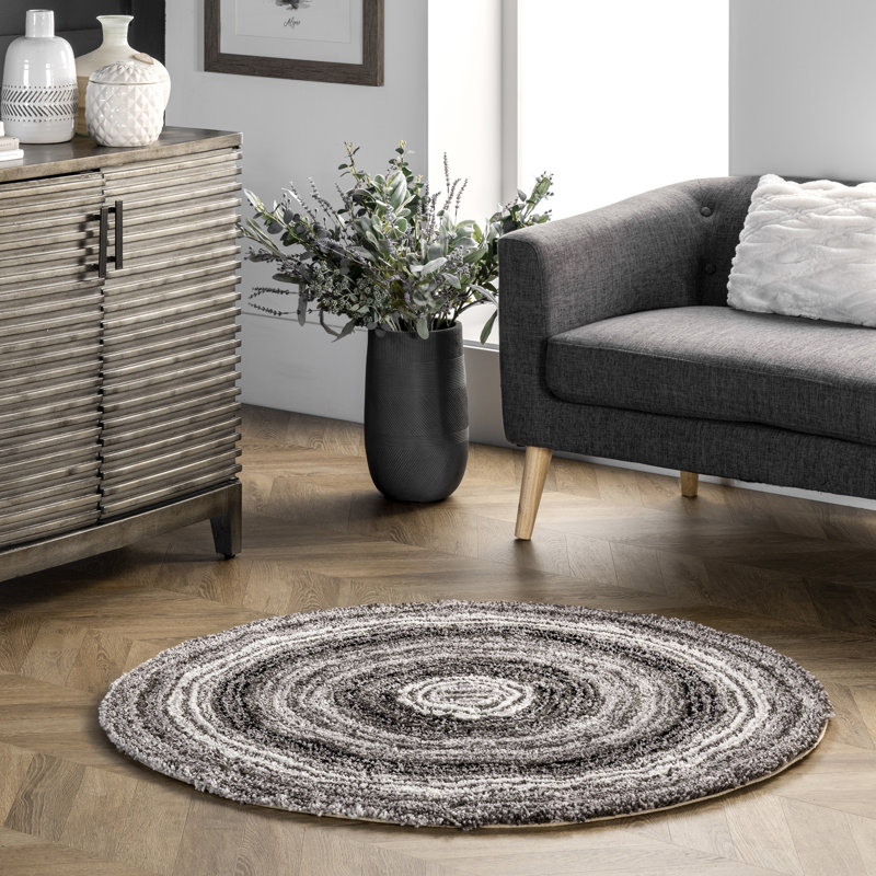 Tapis rayé multicolore gris / brun à poils longs touffeté à la main Panitz, Rond 5 pi