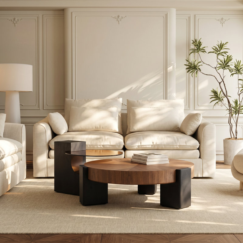 Modern 2-Piece Nesting Coffee Table Set, Round Wood Grain Media Table and Glass Side Table with Solid Legs