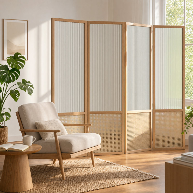 Cloison 4 panneaux en bois - Cloison de 67 po de hauteur en rotin et acrylique avec cadre en bois massif, paravent pliable en verre givré, cloisons murales autoportantes pour bureau de chambre à coucher, naturel