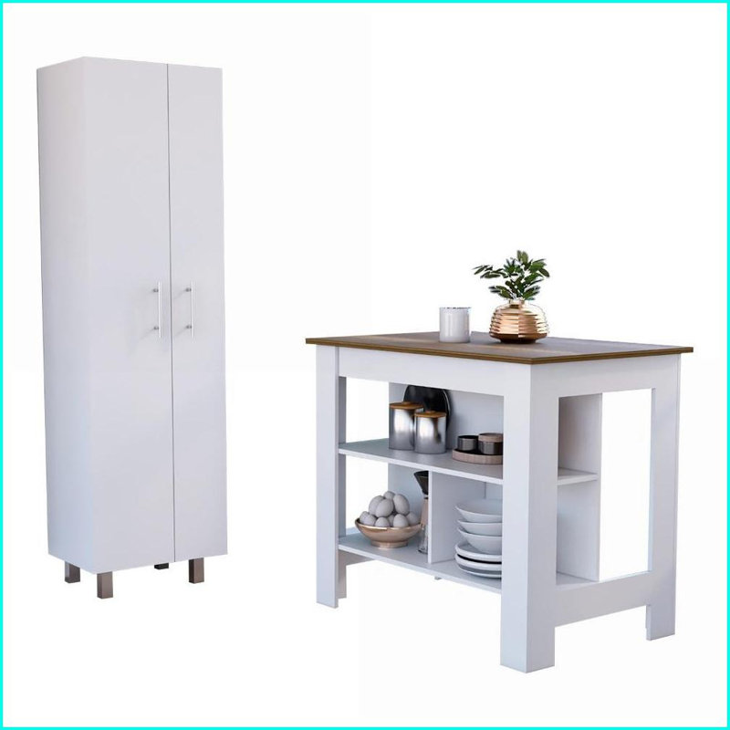 Îlot de cuisine & amp; Ensemble de garde-manger 2 pièces en bois manufacturé moderne 9 tablettes 2 portes blanc Noyer brun | Blanc | Panneau de fibres à densité moyenne