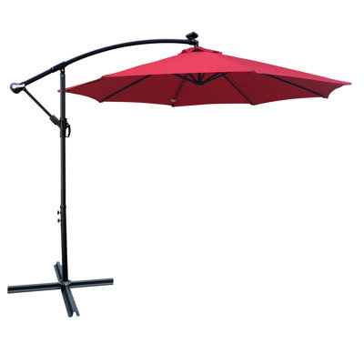 Parasol de patio solaire 10 pi - 8 baleines, fonctionnement à manivelle, base transversale pour manivelle rouge pour piscine extérieure, piscine extérieure