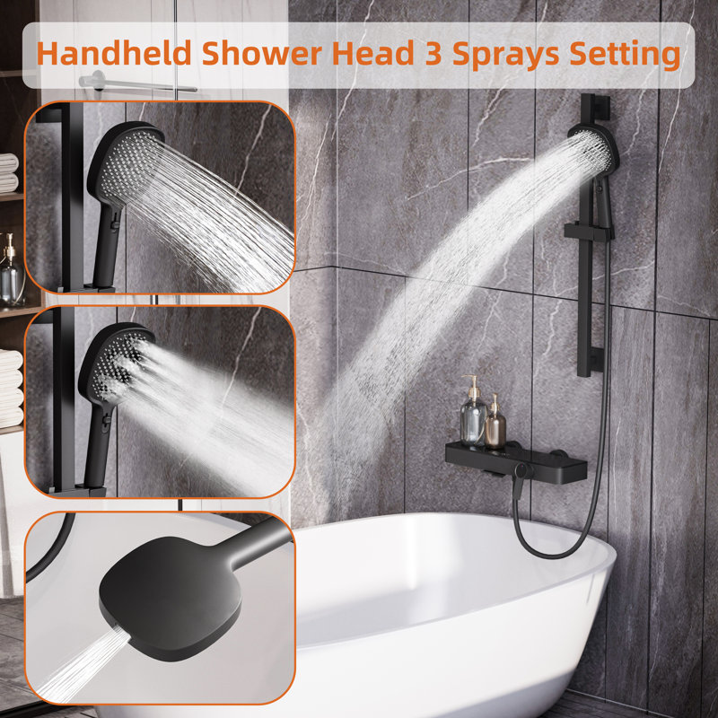 Matte Black 2-Function Tub Shower Faucet Set With 3-Spray Handheld, Wall Mount, CUPC Certified, Brass Spout & Adjustable Slide Bar