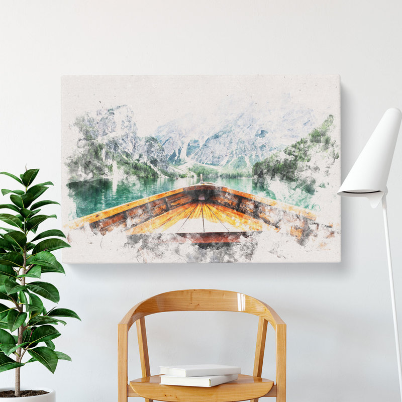 Boat In Lago Di Braies Italy - Wrapped Canvas, 50cm H x 76cm W x 3cm D
