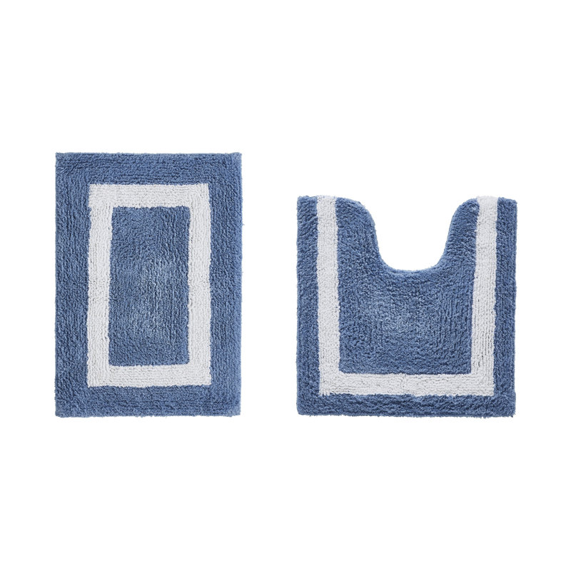 Broshous Premium 100% Cotton 2370 GSM 2-Piece Bath Rug Set, Ultra Plush Tufted Bathroom Mats, Super Absorbent OEKO-TEX® Certified, Reversible, Machine Washable, Spa-Like Comfort, Dark Blue/White