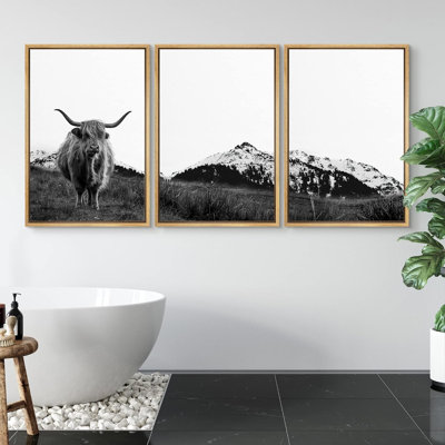 Animals Highland Cow Cattle In Snowy Mountain Landscape Framed Canvas 3 Pieces Black White Photograph Print