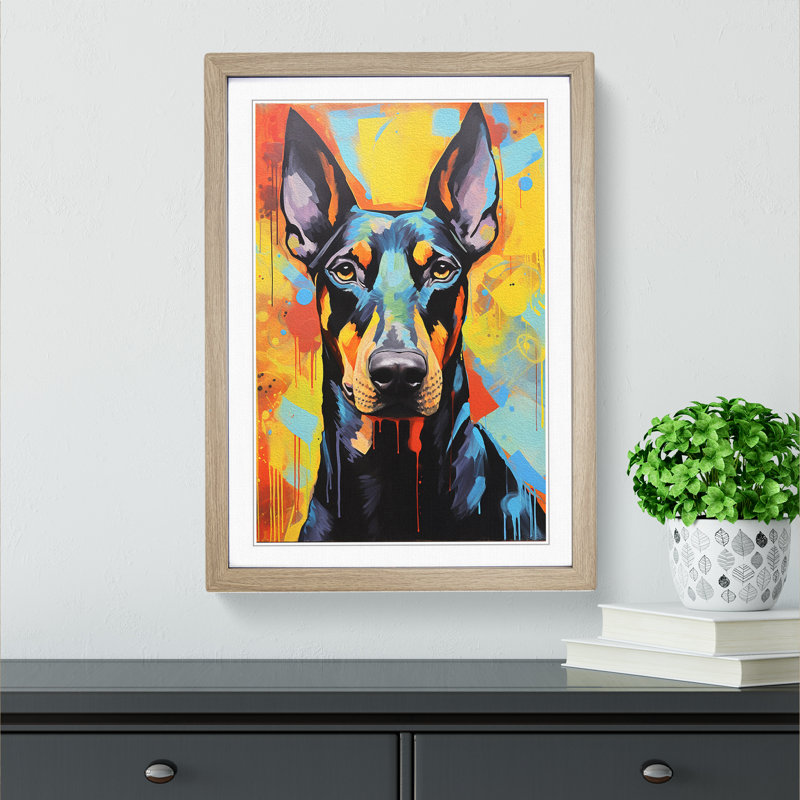 Doberman Expressionism - Single Picture Frame Print on Wood, Oak Framed, 34cm H x 25cm W
