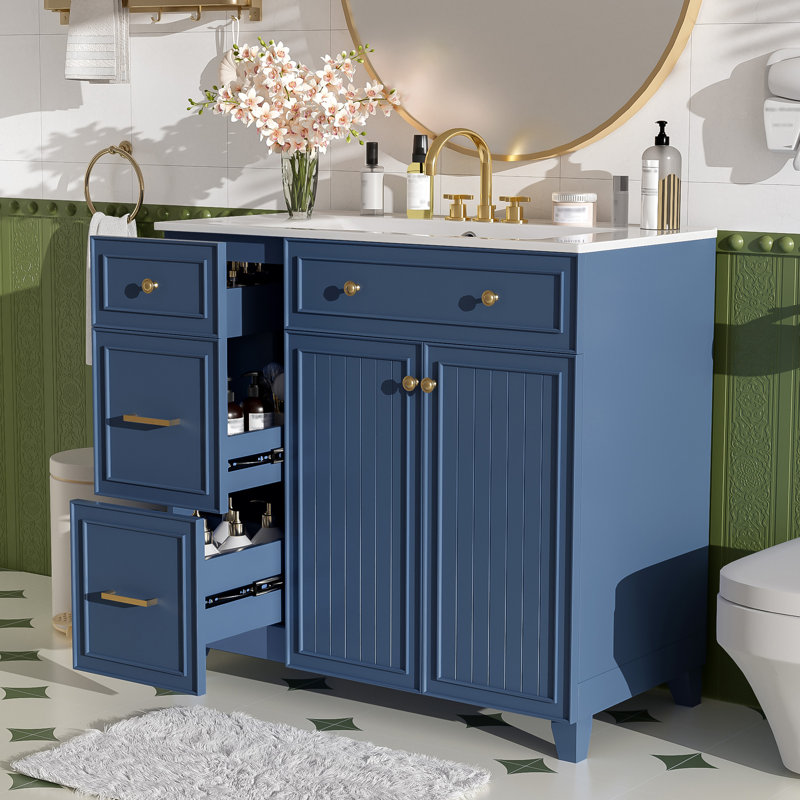Meuble-lavabo moderne avec lavabo en céramique, tiroirs multiples, tablettes réglables, portes à fermeture douce, idéal pour les petites et moyennes salles de bain