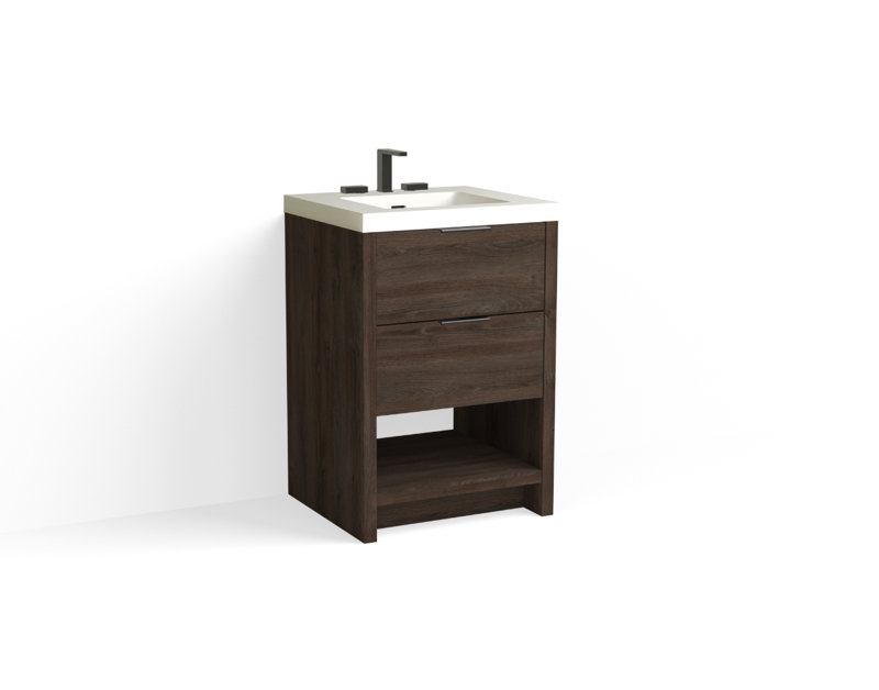 Vue 24" W Freestanding Single Bathroom Vanity, Glossy White/8" Widespread, White Nanomatte, Matte Black