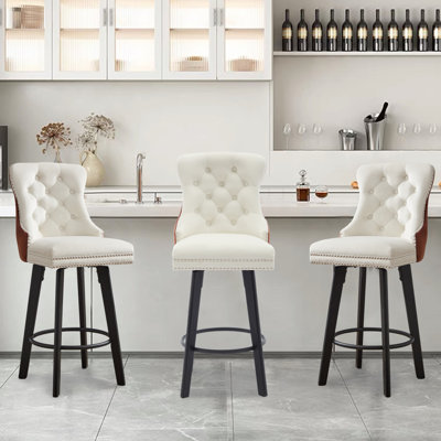 Modern  Swivel Bar Stools Velvet Barstools Button Tufted Bar Stools Rivet Trim Bar Stools