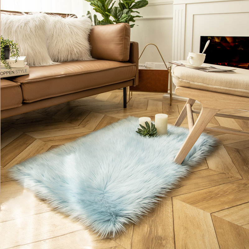 Soft Faux Fur Area Rug Fluffy Shag Decorative  Accent Rug for Bedroom, Rectangle 2' x 3', Light Blue