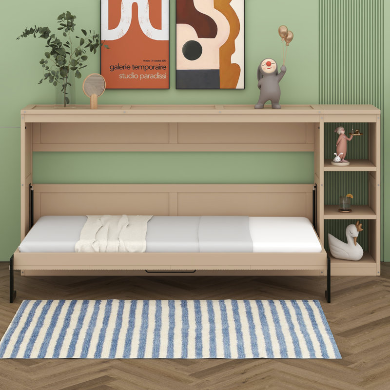 Modern Murphy Bed With Bookshelf, Natural, Twin