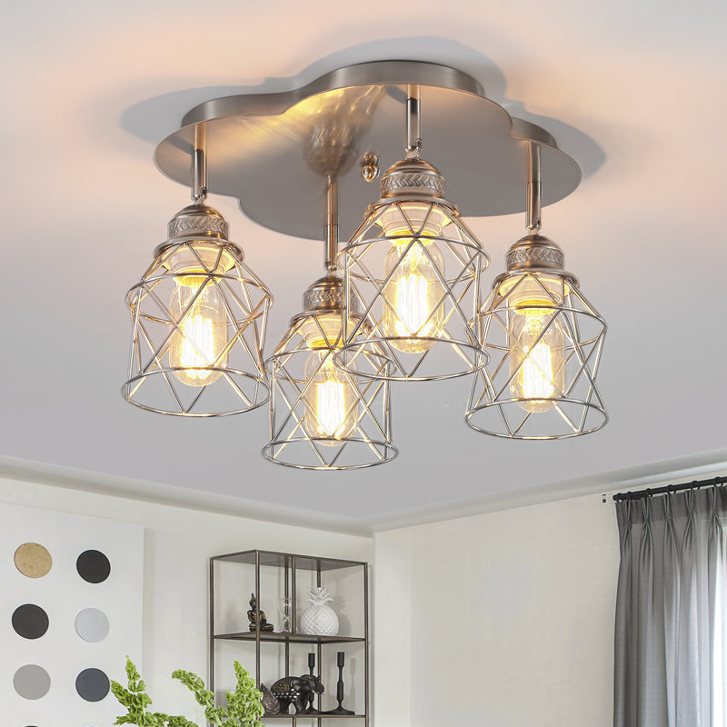 4-Light Semi Flush Mount, Adjustable Multi-Directional Flush Mount Ceiling Light Fixture, Vintage Metal Cage Farmhouse Lamp For Hallway, Dining Room, Farmhouse, Entryway