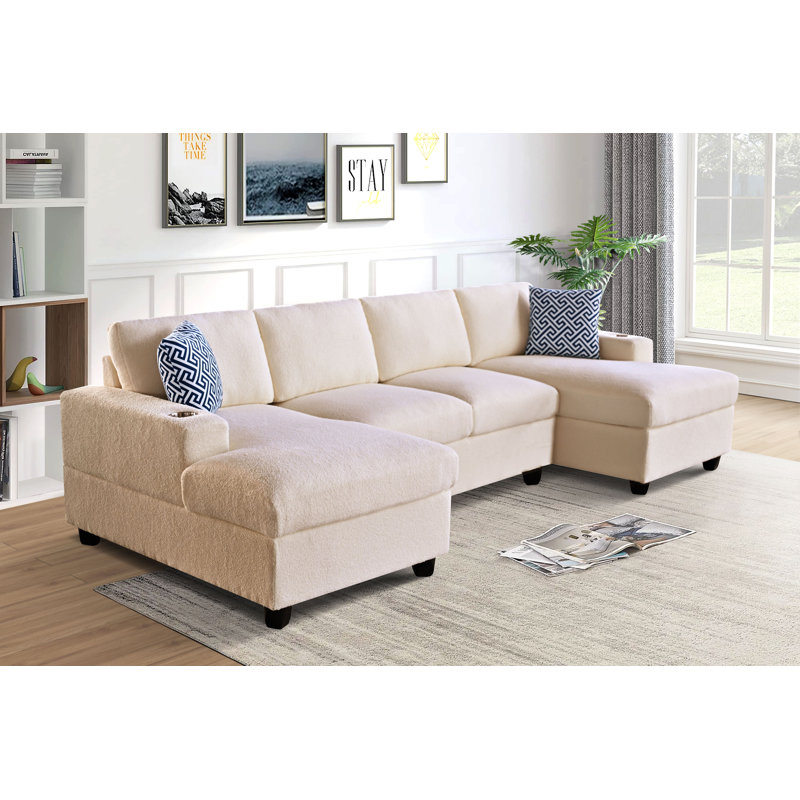 Reverie Dual Chaise 3-Piece Sectional Sofa With Cup Holders, Light Brown Wool