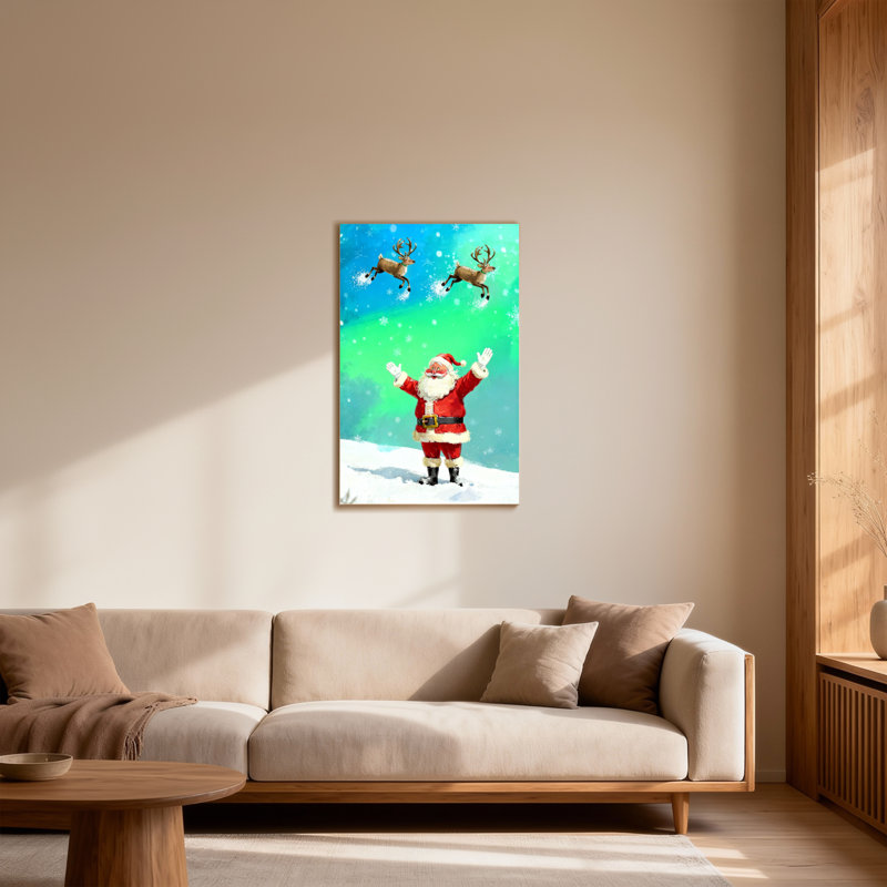 Noël père Noël avec renne dans un ciel enneigé, H 36 po x l 24 po