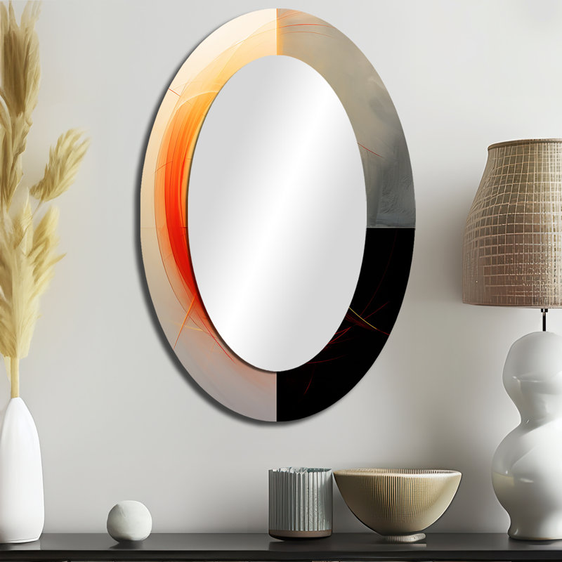 Red Moon Rising Abstract Landscape - Abstract Oval Decorative Mirror On Metal, 36" x 24"