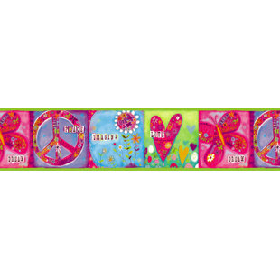 Prepasted Wallpaper Border - Kids Pink, Green, Blue, Purple Peace, Heart, Flower, Butterrfly Wall Border Retro Design, 15 Ft. X 6 In.