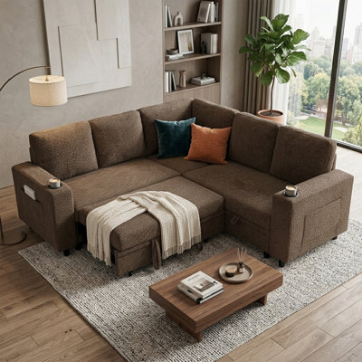 Symmetry Caramel Faux Leather Corner Sectional Couch with Pull Out Sleeper and Cup Holders