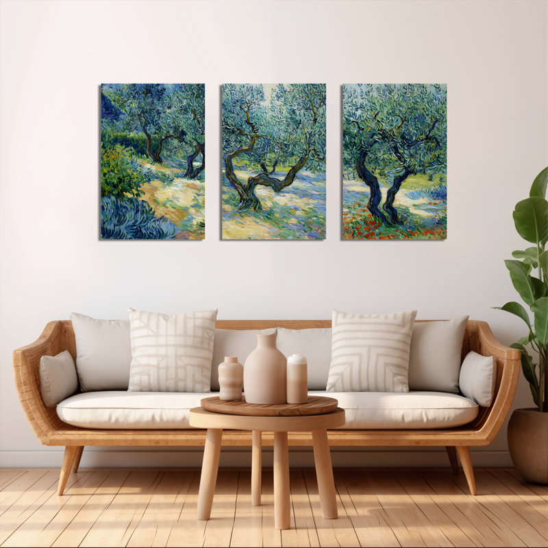 Tableau sur toile tendue représentant une oliveraie, décor paysager de style impressionniste (ensemble de 3)