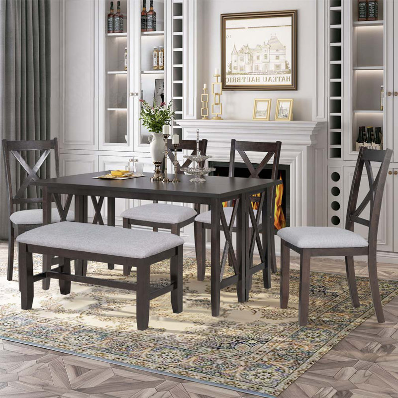 6-Piece Family Dining Room Set Solid Wood Space Saving Foldable Table And 4 Chairs With Bench For Dining Room, Espresso/Beige