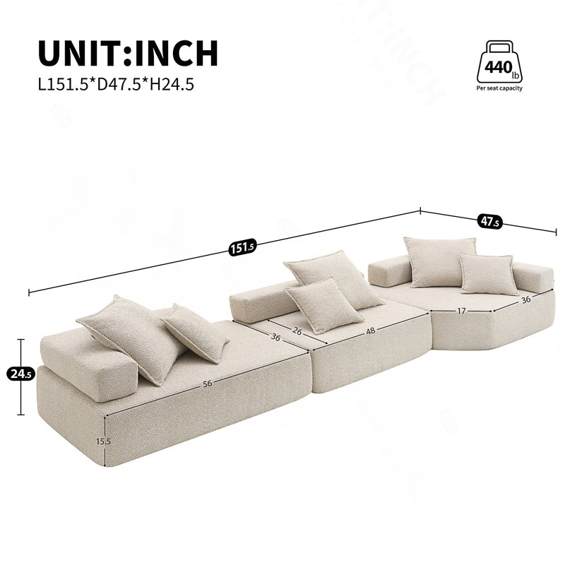 Oversized Modular Sectional Sofa,Luxury Boucle Floor Couch Set,Convertible Compressed Couch,Spacious Foam-Filled Sofa For Living Room,3 PC Free Combination
