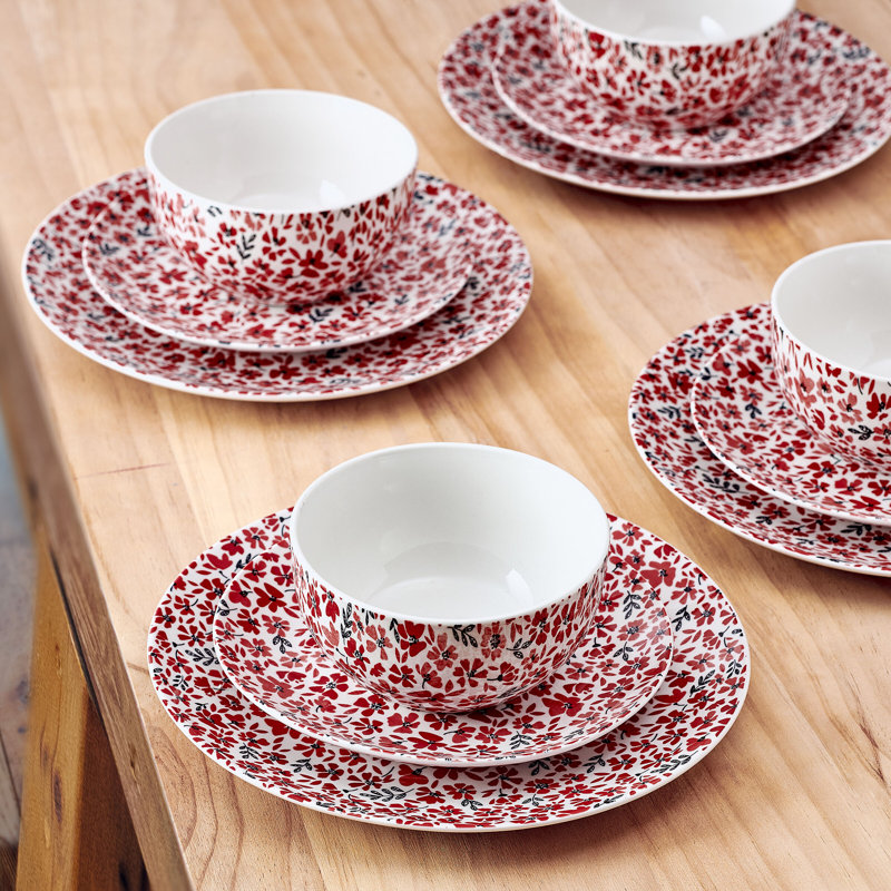 Pfaltzgraff Radiant Blossom 12-Piece Dinnerware Set, Service For 4, Floral 1, Red
