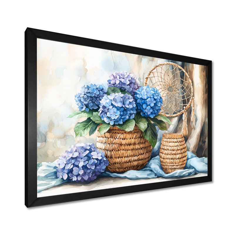 «Boho Blue Hydrangea Bliss I», art mural grand hortensia, Impression d'un seul cadre photo, Noir, H 12 po x l 20 po
