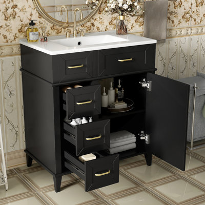 30-Inch Bathroom Vanity With Ceramic Sink, Adjustable Shelf, Soft Close Door, And Three Soft Close Drawers