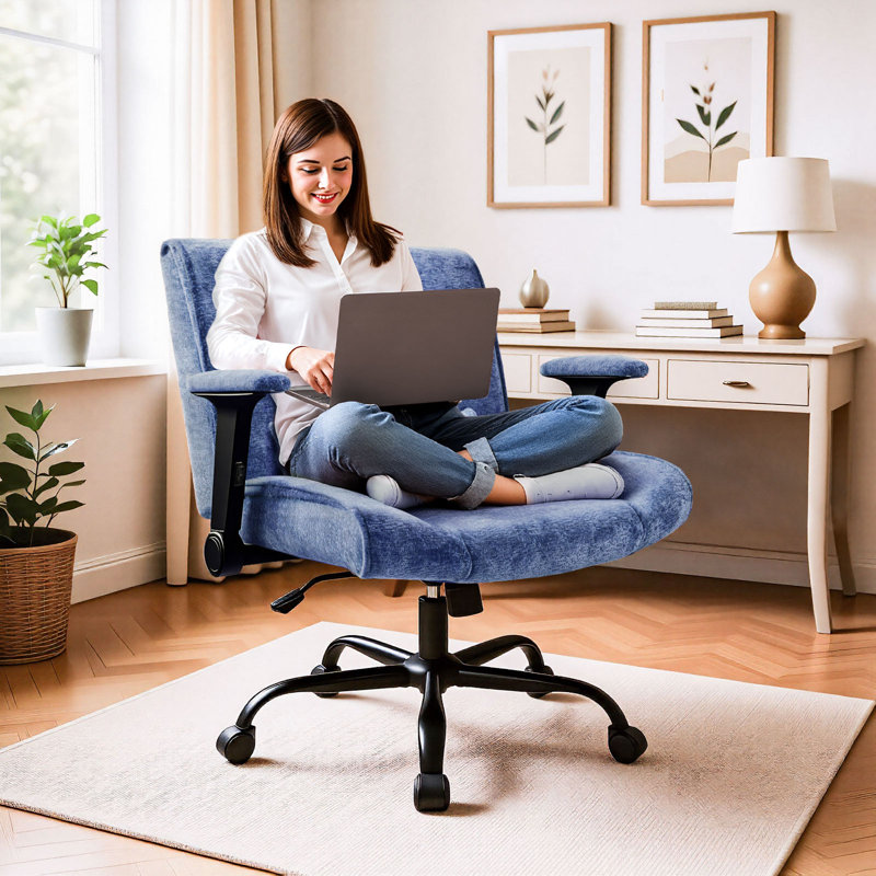Upholstered High - Back Office Chair With Lumbar Pillow Cross Legged , Blue