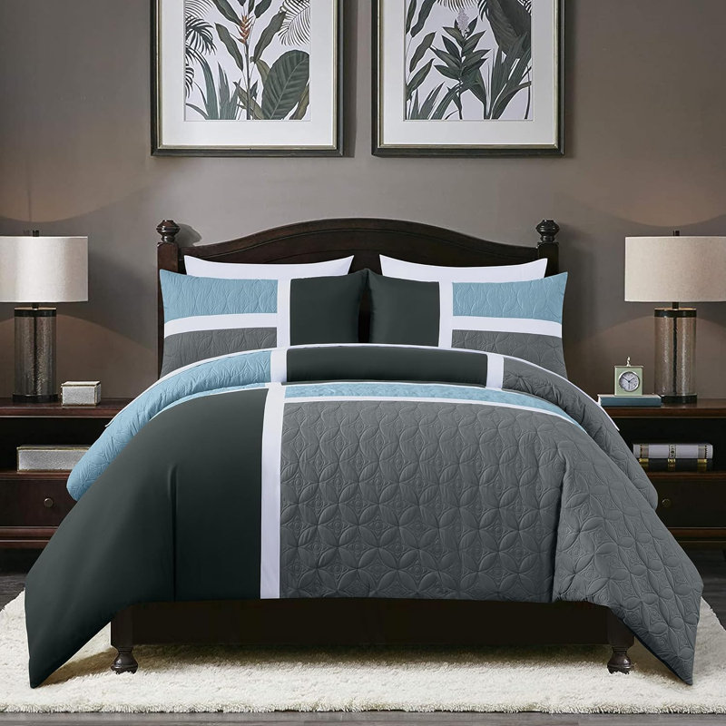 Gray and Light Blue Microfiber Queen Bed in a Bag Set