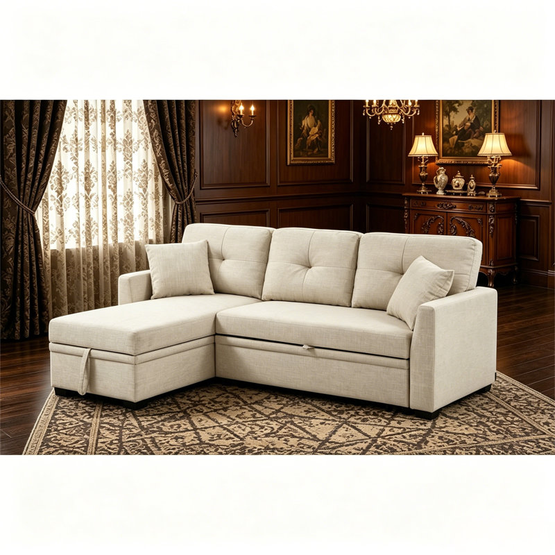 76.5" Linen Blend Upholstered Sectional With Pull-Out Bed And Chaise Storage, Beige Linen Blend
