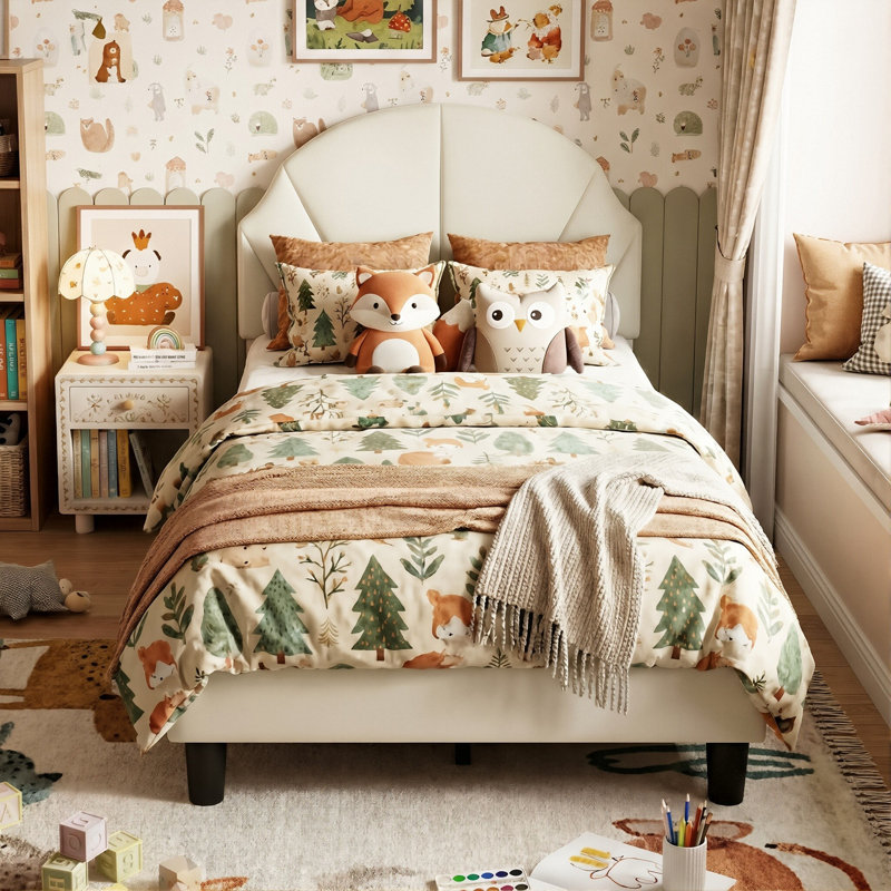 Kids Velvet Bed, Scalloped Shell Upholstery Headboard With Adjustable Height, European Single (90 X 200 cm) , Beige