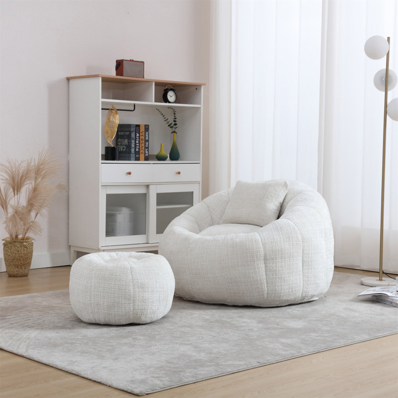 Modern Bean Bag Chair With Ottoman, Pillow, Beige Chenille