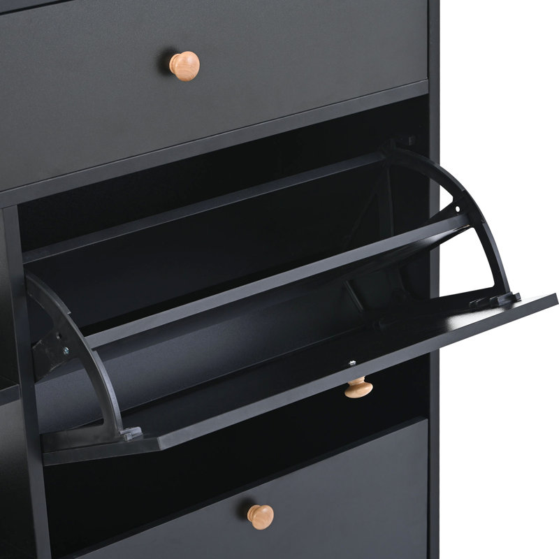 2 rangements de chaussures avec 4 tiroirs rabattables, noir, armoire pour porte d'entrée moderne et stable, Noir