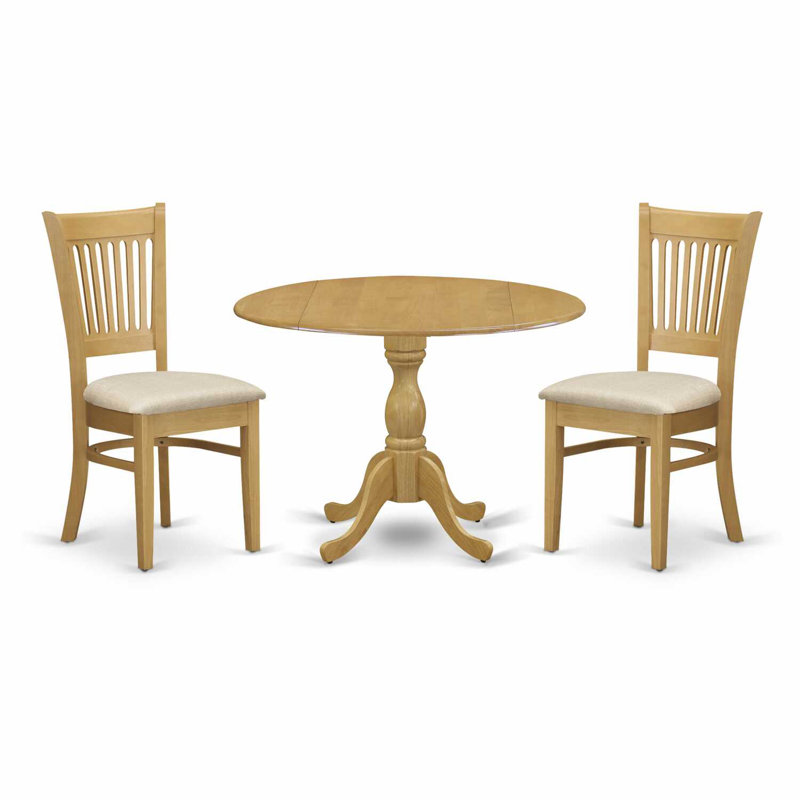L'ensemble de table de cuisine 3 pièces pour petits espaces comprend une table de salle à manger ronde avec Dropleaf et 2 chaises de salle à manger en tissu de lin, chêne