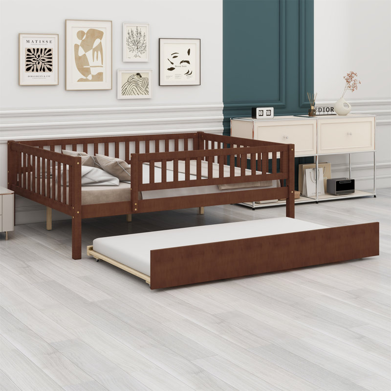 Wood Daybed with Trundle and Fence Guardrails, Full, Walnut
