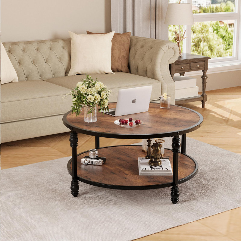 Table basse ronde avec centre de rangement et plateau rond en bois, H 18 po x L 34,5 po x l 34,5 po, Marron clair