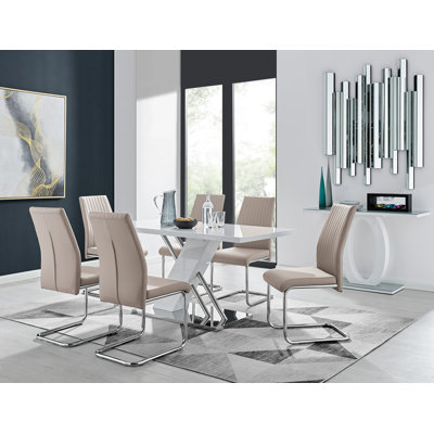 Sorro Cross Luxury High Gloss & Chrome Dining Table Set with 6 Upholstered Faux Leather Chairs